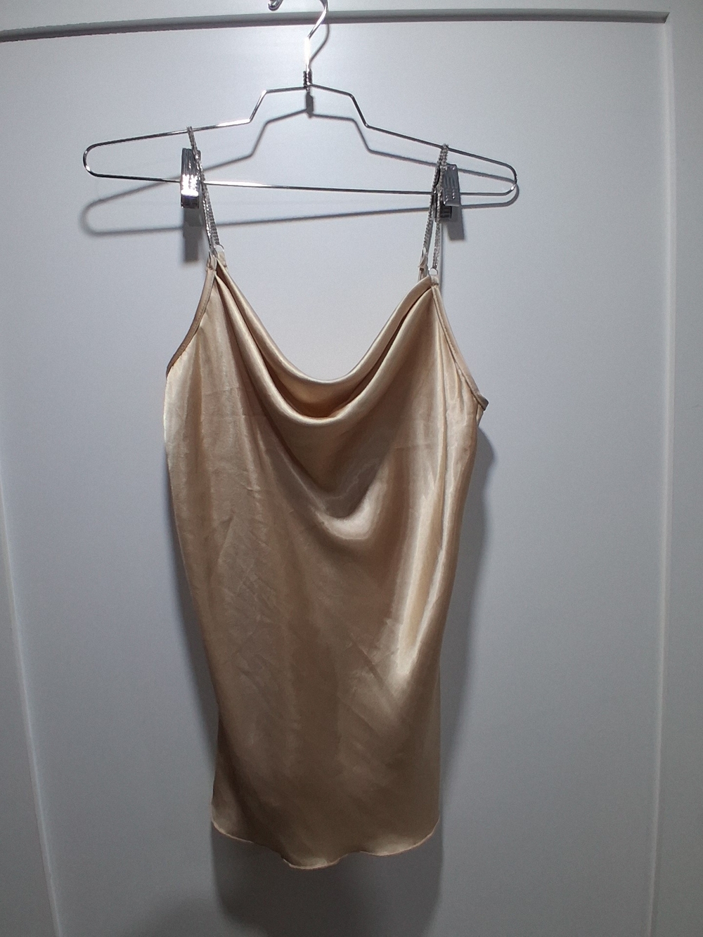 Nicole Miller Silky Champagne Slip Top With Rhinestone Straps S
